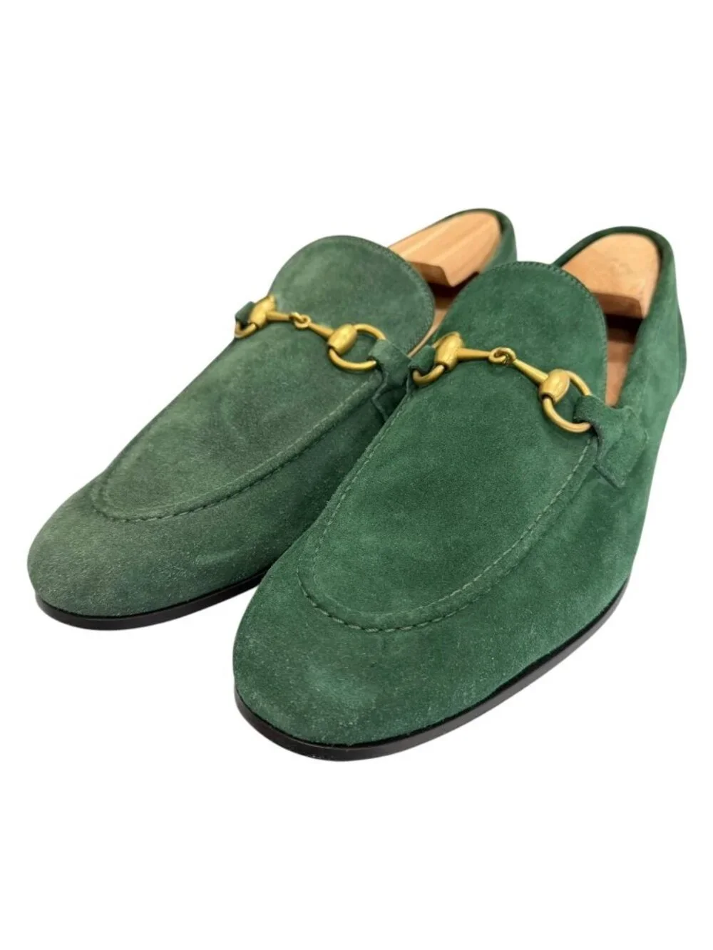 Gucci Suede Leather Horsebit Moccasins Loafers Green Gold 7